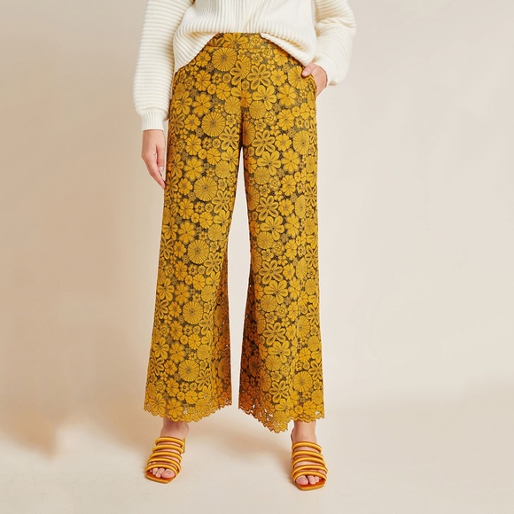 Eva Franco Pants - Anthropologie Eva Franco Lillia Lace Wide-Leg Yellow Green Floral Pants